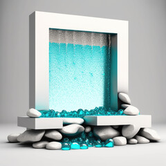 sparkling waterfall and turquoise stones podium, empty showcase for packaging product presentation. AI generation.
