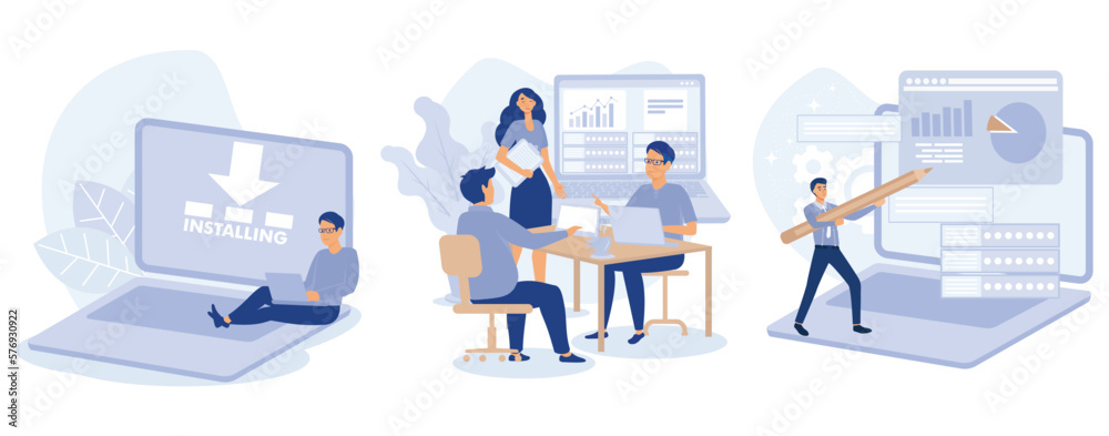 Poster software products concept, operating system installation and update, working with database using pro
