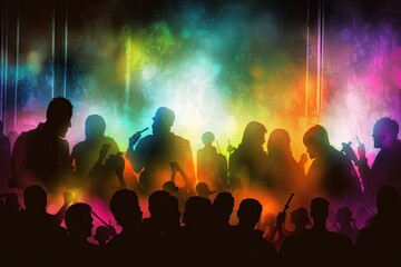Fototapeta na wymiar crowd silhouettes against the stage lights. Generative AI