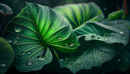 A close up of a green leaf with water droplets on it. Green leaf background. Generative AI, Generative, AI