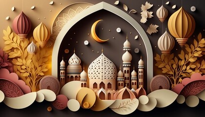 Fototapeta Illustration of a background with the mosque. religious eid mubarak. Arabic traditional lamps, ramadan mubarak, Ramazan, eid ul fitr, eid ul adha background and wallpaper. AI-Generated. obraz