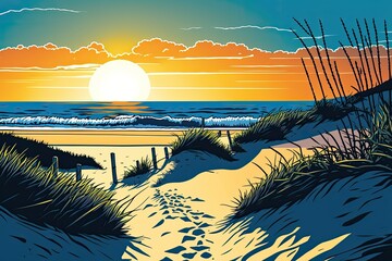 Dune and beach Sunset over the North Sea and the Dutch coastline as viewed from Wijk aan Zee. Generative AI