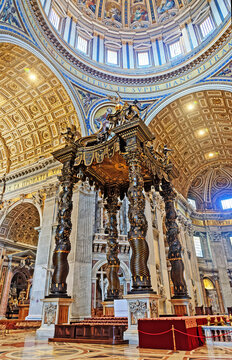 Vatican City, Rome - August 15, 2016: Bernini baldachin above the papal altar of St. Peter's Basilica, Vatican City, Rome. HDR image