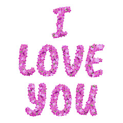 Spring decorative greeting Card vector illustration with a text I love you of beautiful forget-me-not flowers. The best for Valentines's Day, Wedding and Birthday design.