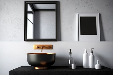 Specifics of a loft bathroom, including a black sink, a vintage copper faucet, a gray wall, and a mirror. Focused on the principle of less is more, a minimalist lifestyle. Generative AI