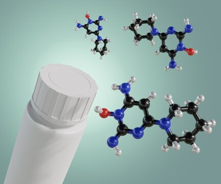 minoxidil molecule with white drug bottle 3d rendering