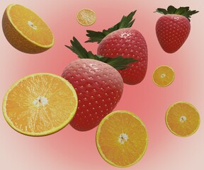 Isolated fresh strawberries and orange fruits circle around 3d rendering