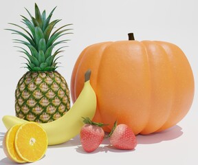 group of fruits. pineapple, banana, strawberries and pumpkin in the dots pattern background 3d rendering