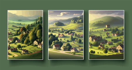 Rural landscape with field, trees, grass and agricultural fields. Environmentally friendly area with blue sky and clouds. Village in summer. Vector stock in flat style illustration vertical posters
