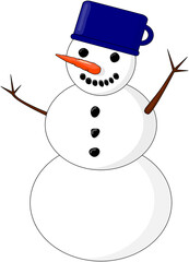 Snowman with a blue pot ikon. Winter symbol. Cartoon illustration.