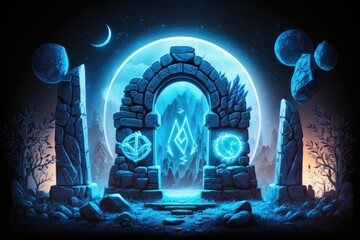 Fantastical nighttime setting replete with old stones emitting light and carrying the power of magic, and a plethora of runes. A portal to a different dimension indicated by a glowing neon sign