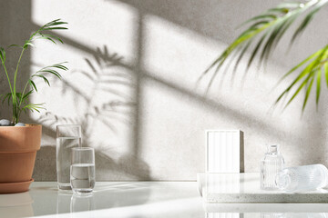 Various objects on a white tile background with warm sunlight shining through
 - Powered by Adobe
