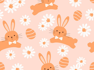 Obraz premium Seamless pattern with orange bunny rabbit cartoons, Easter egg and daisy flower garden on pink background vector illustration. Cute childish print.