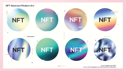 NFT abstract modern sign. It's icon in beautiful gradient color circle shape for using digital token of data stored on a blockchain.  