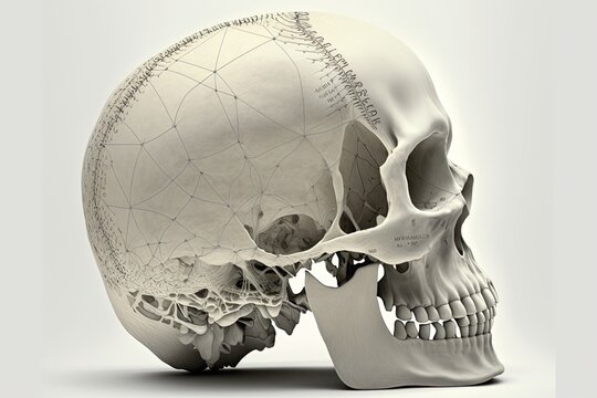True Human Skull Picture Is a dimensional photograph of a human skull. a picture taken from behind. There is just the skull against a white background. Generative AI