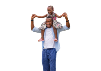 Cheerful African American father and daughter, Father carrying daughter on shoulders, Little girl on the shoulders of her dad