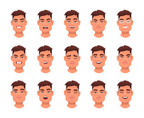 Facial expression of a handsome stylish young man. Set of various emotions of a cute white guy. Smile, happiness, anger, joy, surprise, fear, etc.