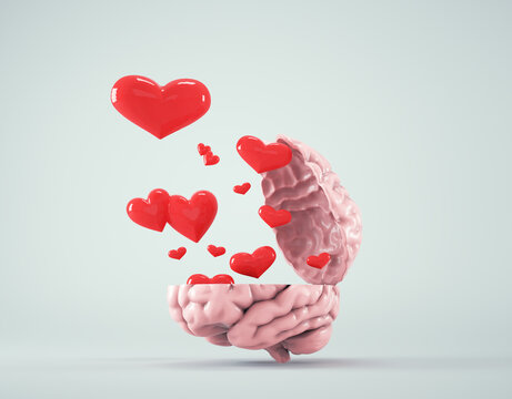 Hearts fly out of the human brain. Love concept.