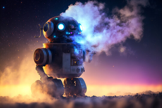 An old robot out of use creates a disturbing atmosphere with its smoke. What future for these outdated technologies? An image that is both disturbing and moving. Generative AI