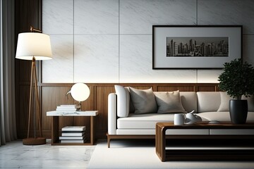 Style of a Contemporary Living Room with a Sofa and a Wooden Table Lamp. Generative AI