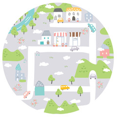 Fototapeta premium 道が行き交うかわいらしい色合いの丸い街並みイラスト