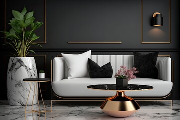 White sofa, marble accent wall, and rose gold coffee table in a contemporary, high end living room. Generative AI