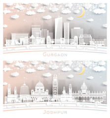 Jodhpur and Gurgaon India City Skyline Set in Paper Cut Style.