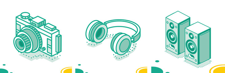 Stereo Acoustic Speakers, Photo Camera and Headphones.