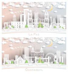 Guayaquil Ecuador and La Paz Bolivia City Skyline Set in Paper Cut Style.