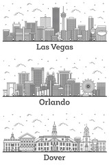 Outline Orlando Florida, Dover Delaware and Las Vegas Nevada City Skyline Set.