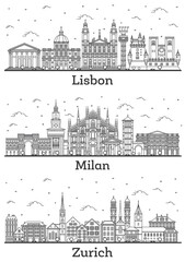 Outline Zurich Switzerland, Milan Italy and Lisbon Portugal City Skyline Set with Historic Buildings Isolated on White.