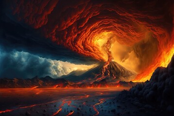 Infernal underworld of brimstone and fire, dramatic volcano eruptions, eternally burning magma, inferno of flowing lava rivers, searing hot apocalyptic wasteland hell, ash firestorms - generative ai 