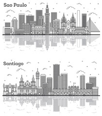 Outline Santiago Chile and Sao Paulo Brazil City Skyline Set City Skyline with Modern Buildings and Reflections Isolated on White.