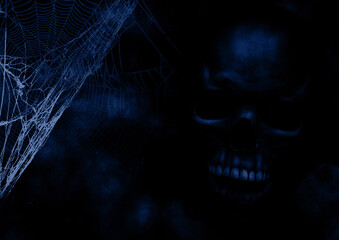 骸骨と蜘蛛の巣の恐怖背景イラスト 青