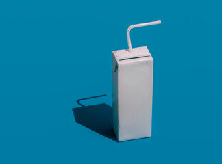 Blank Packet Carton Juice & milk pack with straw with hard shadows on a blue background.