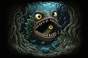 The cover features a giant, deformed, three eyed snake monster with crazy eyes and threatening teeth in the ocean, and it is colored in a dark fantasy style. Taking inspiration from a long forgotten m