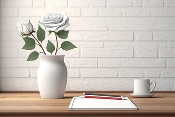 rose in white vase on wooden table with blank copy space. Generative AI