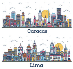 Outline Lima Peru and Caracas Venezuela City Skyline Set with Colored Historic Buildings Isolated on White.