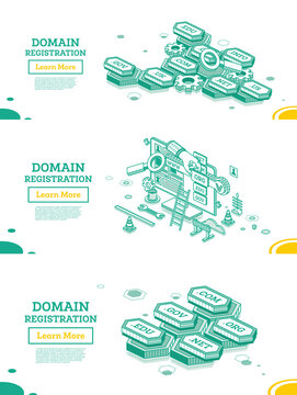 Domain Registration. Isometric Business Concept. Choosing an URL Address and Name of Domain Zone for Web Site.