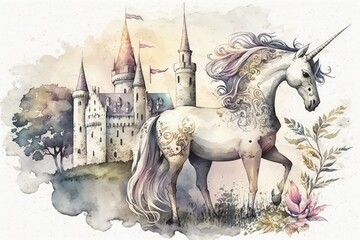 Watercolor illustration of a castle, a unicorn, and a fairy tale. Generative AI