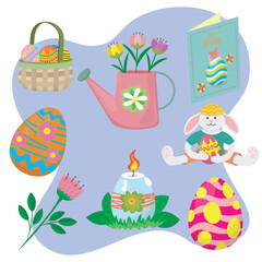 set of happy easter holiday with elements of eggs, watering can, flower, rabbit, basket with eggs, candle and post card