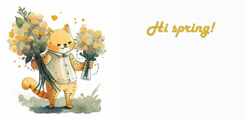 Watercolor drawing of a funny cat with flowers. Text - Hello Spring! For postcards and invitations