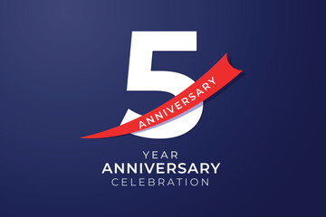 5th anniversary celebration with white number and red ribbon illustration  - obrazy, fototapety, plakaty