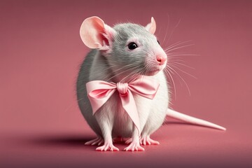 On a pink background, a gray rat wears a pink bow for the holidays. Generative AI