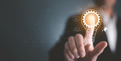 man Hand holding Light bulb Global Internet connection. Business global internet connection application technology and digital marketing, Financial and banking, Digital link tech, big data.