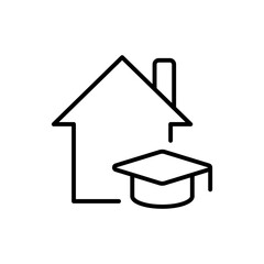 Cottage building with student hat line icons. Three-star hotel, real estate agency, house and apartment purchase. Building concept. Vector line icon on white background