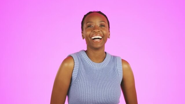 Face, black woman and laughing on pink studio background for joy, carefree personality and happiness. Portrait of happy young female model smile for funny joke, meme and comedy on color backdrop
