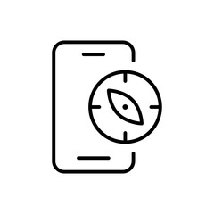 Phone with compass line icon. Earth's magnetic field, cardinal points, wind rose, swimming, travel, orienteering. Navigation concept. Vector line icon on white background