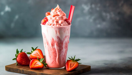 Closeup fresh strawberry milkshake. Generative AI	