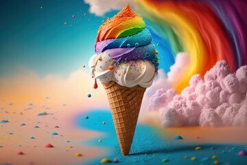 Rainbow Ice Cream Cone close-up on a fantasy background